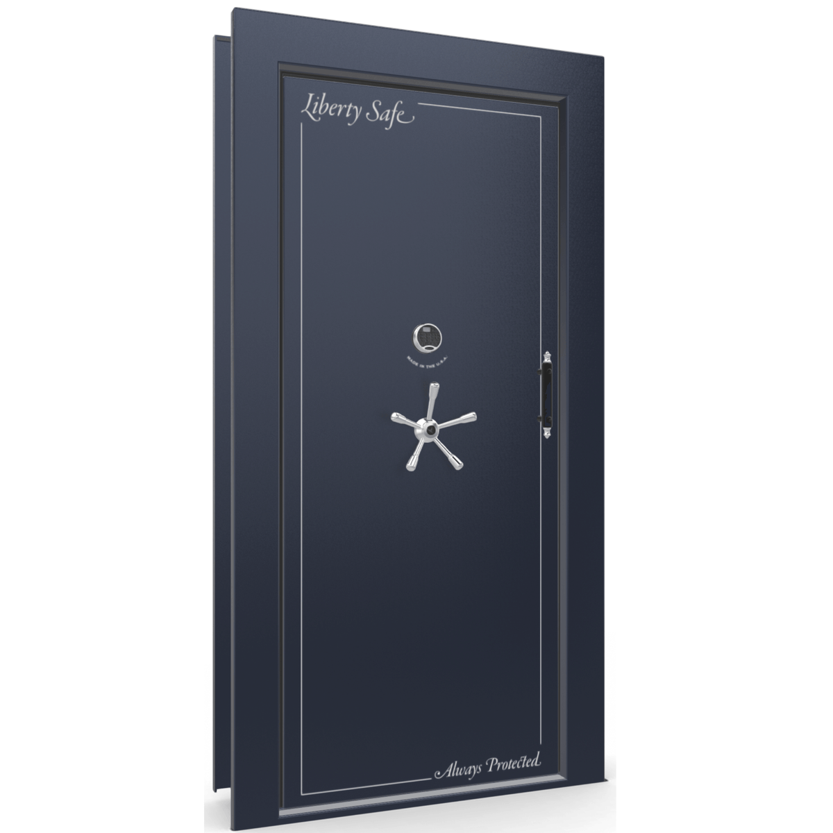 The Beast Vault Door in Blue Gloss  with Chrome Electronic Lock, Left Inswing, door closed.