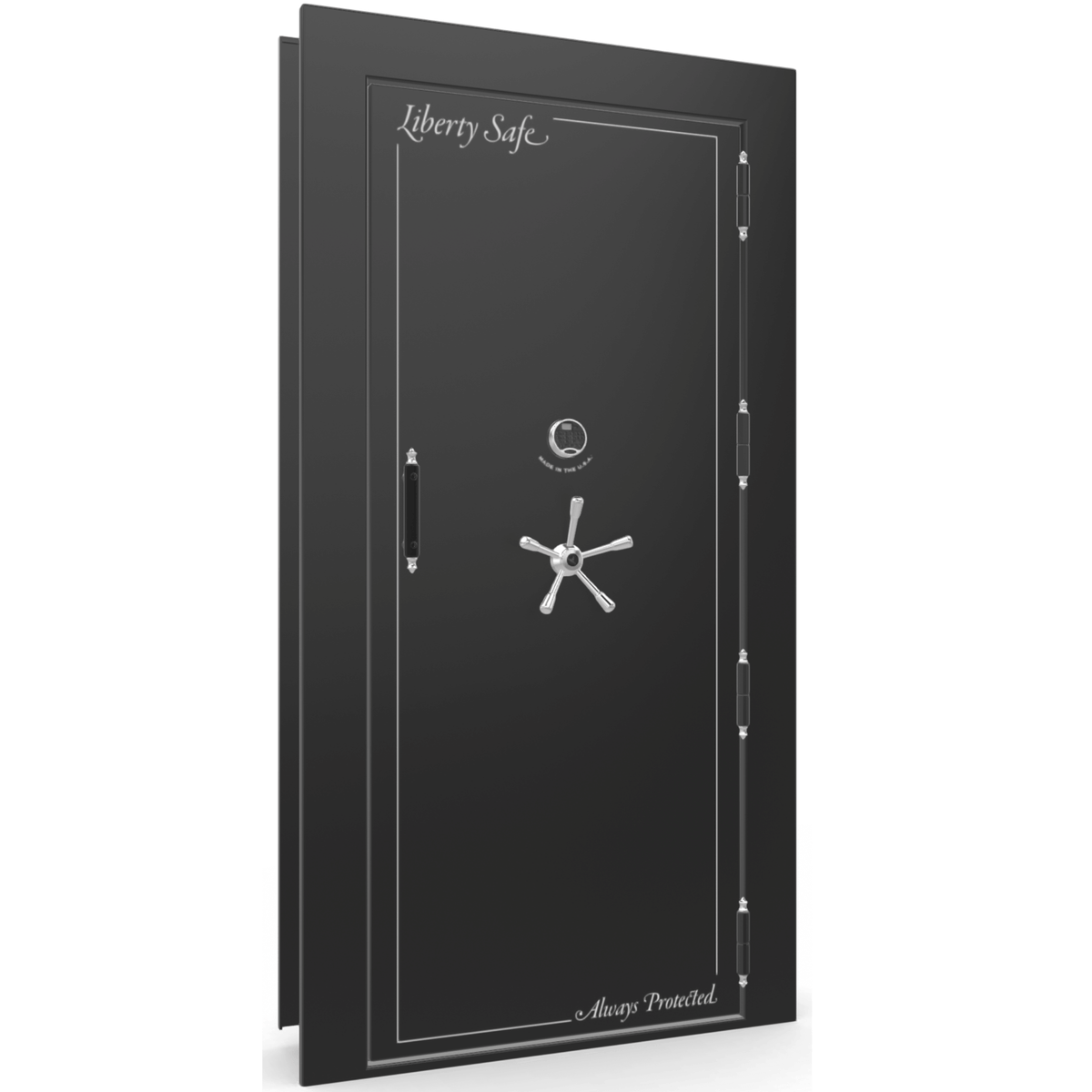 The Beast Vault Door in Black Gloss  with Chrome Electronic Lock, Right Outswing, door closed.