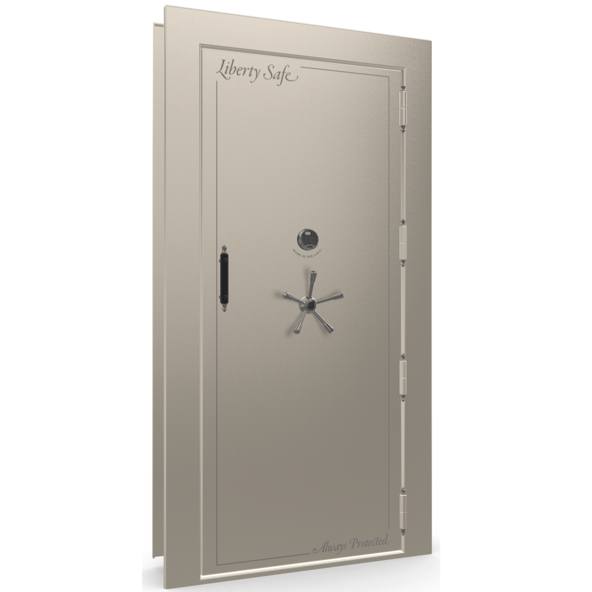 The Beast Vault Door in Champagne Gloss with Black Chrome Electronic Lock, Right Outswing, door closed.