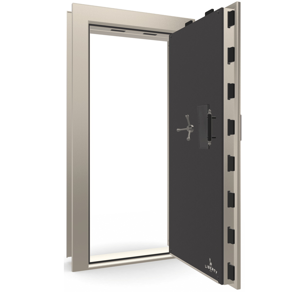 The Beast Vault Door in Champagne Gloss with Black Chrome Electronic Lock, Right Outswing, door open.