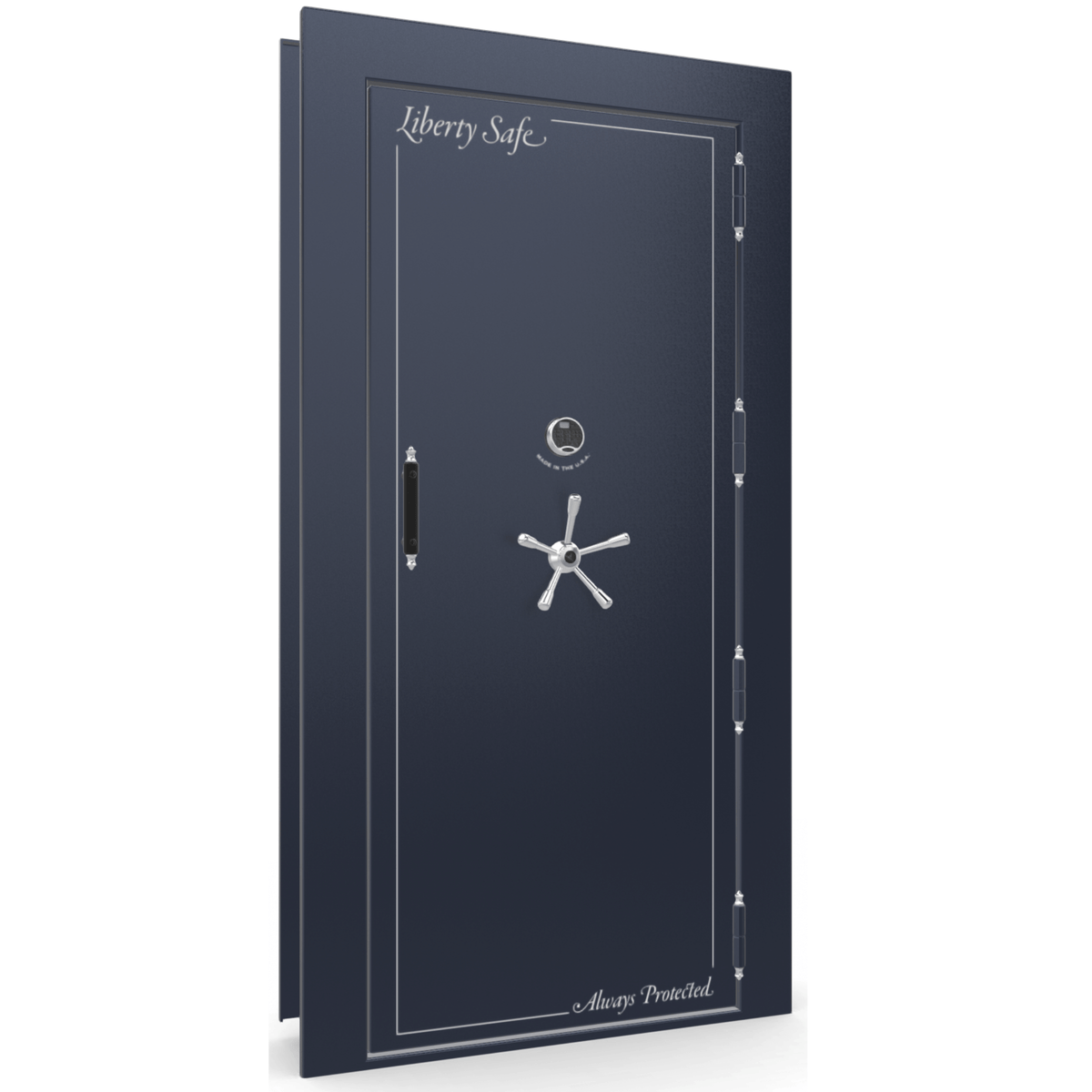 The Beast Vault Door in Blue Gloss  with Chrome Electronic Lock, Right Outswing, door closed.