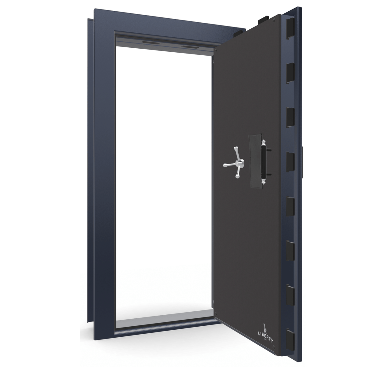 The Beast Vault Door in Blue Gloss  with Chrome Electronic Lock, Right Outswing, door open.