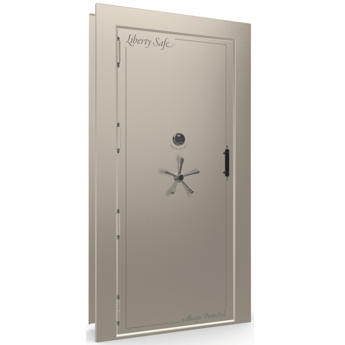 The Beast Vault Door in Champagne Gloss with Black Chrome Electronic Lock, Left Outswing, door closed.