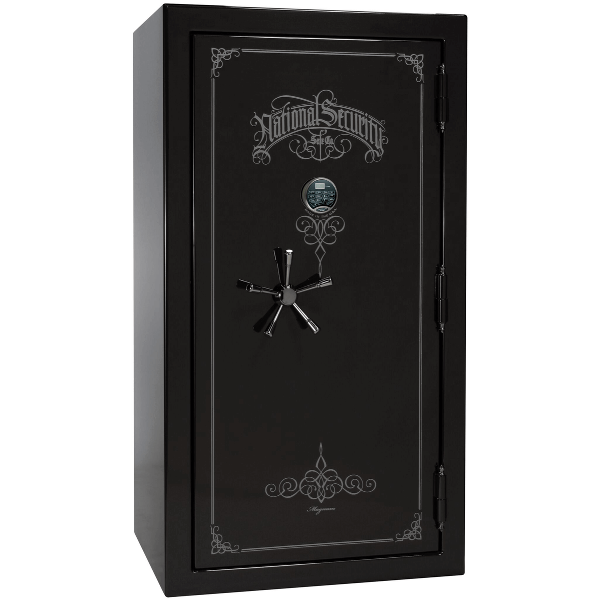 Liberty Safe National Magnum 40 in Black Gloss with Black Chrome Electronic Lock, closed door.