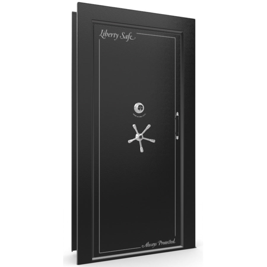 The Beast Vault Door in Textured Black with Chrome Electronic Lock, Left Inswing, door closed.