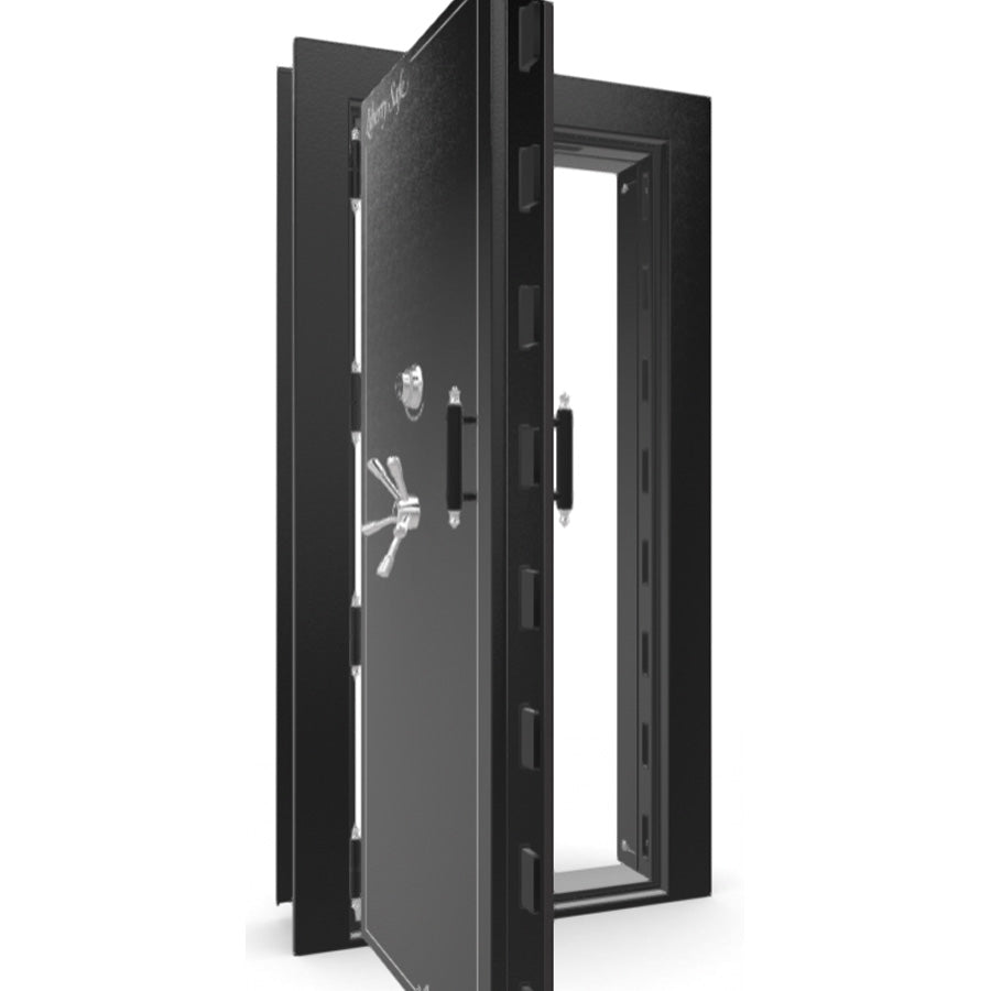The Beast Vault Door in Textured Black with Chrome Electronic Lock, Left Outswing, door open.