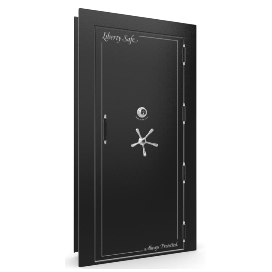 The Beast Vault Door in Textured Black with Chrome Electronic Lock, Right Outswing, door closed.