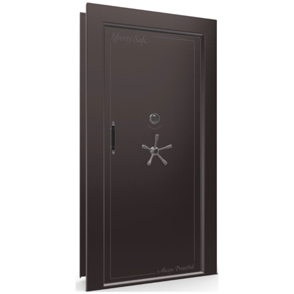 The Beast Vault Door in Black Cherry Gloss with Black Chrome Electronic Lock, Right Inswing, door closed.