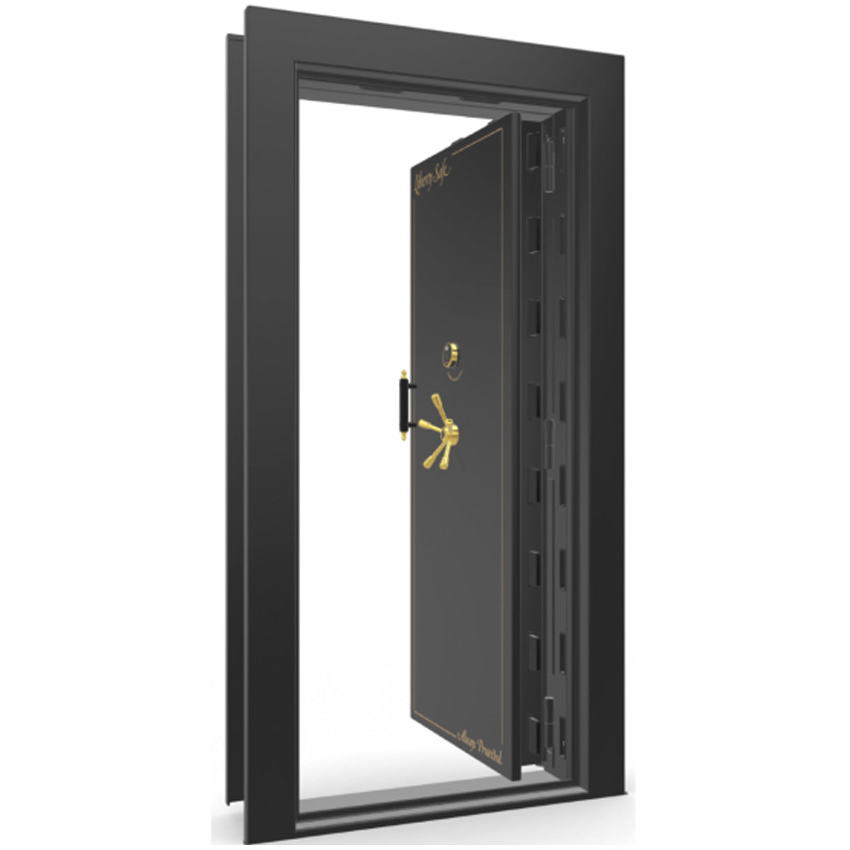 The Beast Vault Door in Black Gloss with Brass Electronic Lock, Right Inswing, door open.