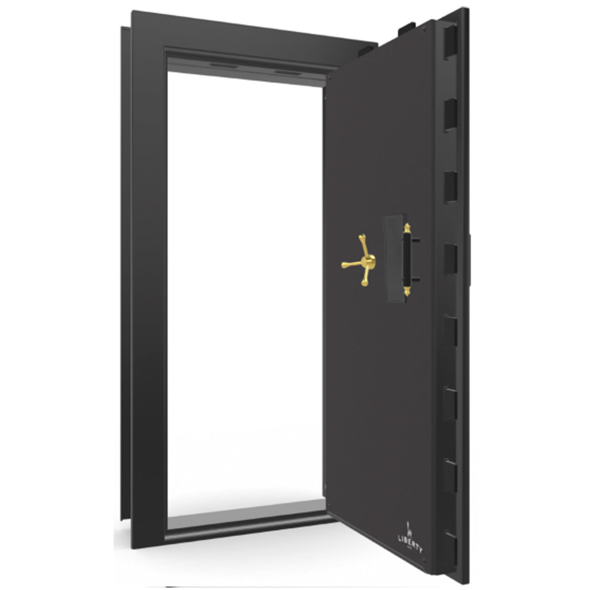 The Beast Vault Door in Black Gloss with Brass Electronic Lock, Right Outswing, door open.