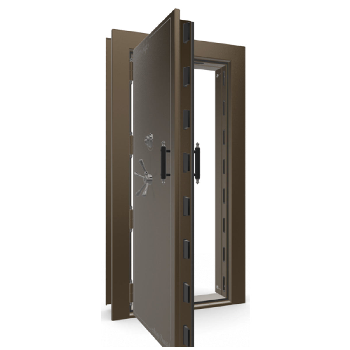 The Beast Vault Door in Bronze Gloss with Black Chrome Electronic Lock, Left Outswing, door open.