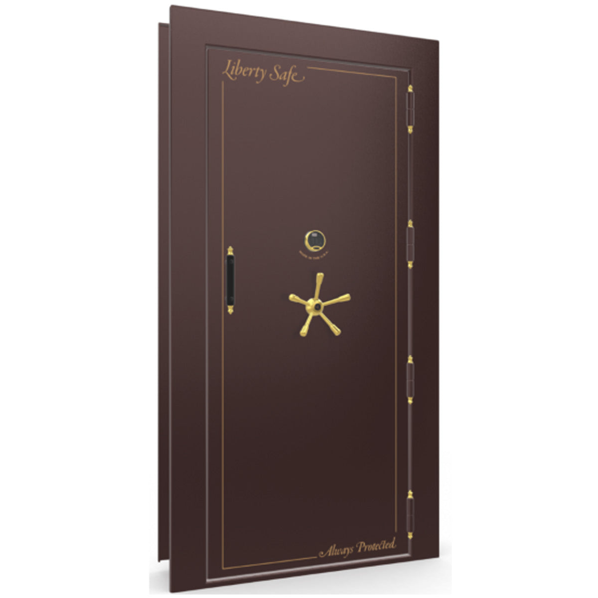 The Beast Vault Door in Burgundy Gloss with Brass Electronic Lock, Right Outswing, door closed.