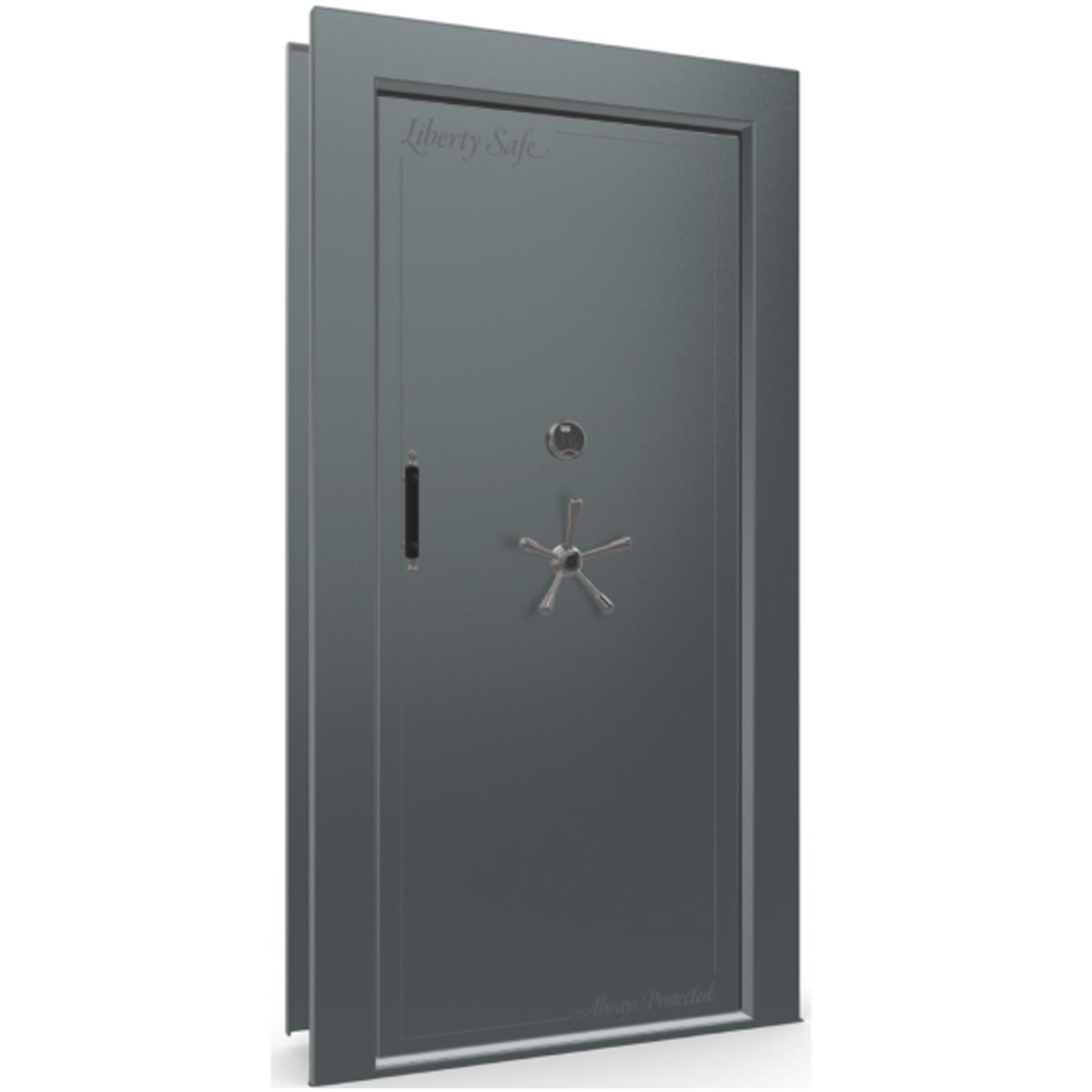The Beast Vault Door in Forest Mist Gloss with Black Chrome Electronic Lock, Right Inswing, door closed.