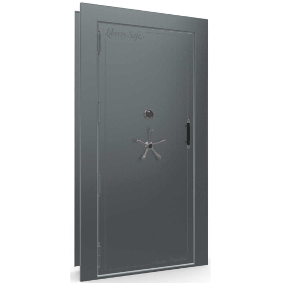 The Beast Vault Door in Forest Mist Gloss with Black Chrome Electronic Lock, Left Outswing, door closed.