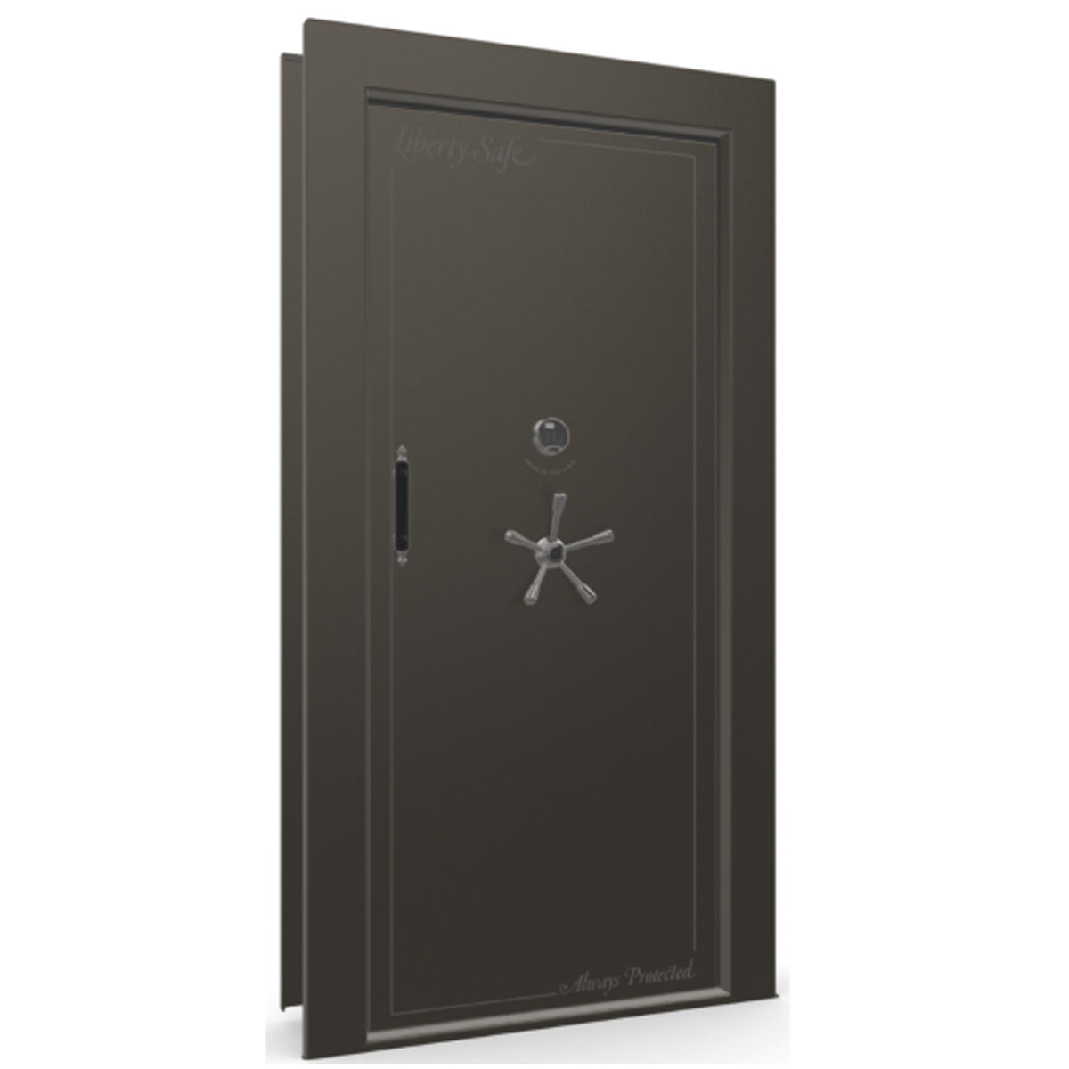 The Beast Vault Door in Gray Marble with Black Chrome Electronic Lock, Right Inswing, door closed.