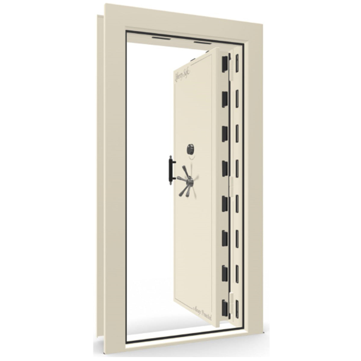 The Beast Vault Door in White Gloss with Black Chrome Electronic Lock, Right Inswing, door open.