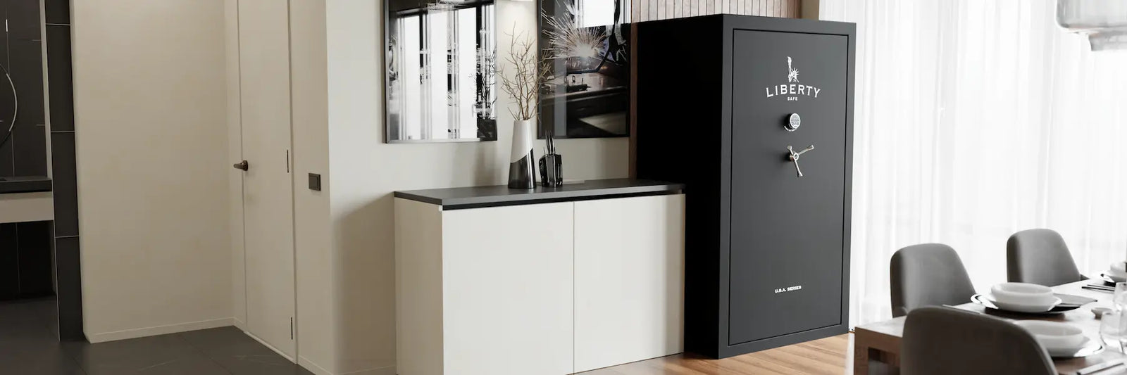 Liberty USA Series gun safe in textured black finish displayed inside a modern home dining room showcasing American-made fire-resistant security storage for firearms and valuables