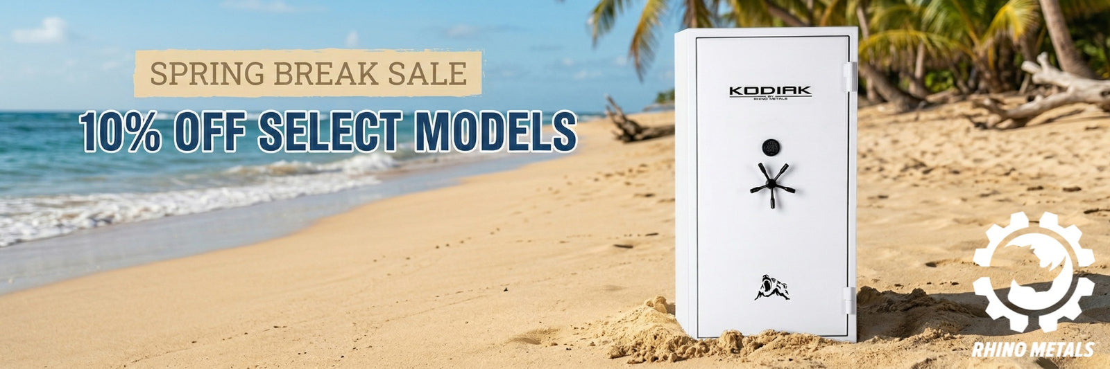 Rhino Metals Spring Break Sale banner featuring 10% off select Rhino safes on a beach background