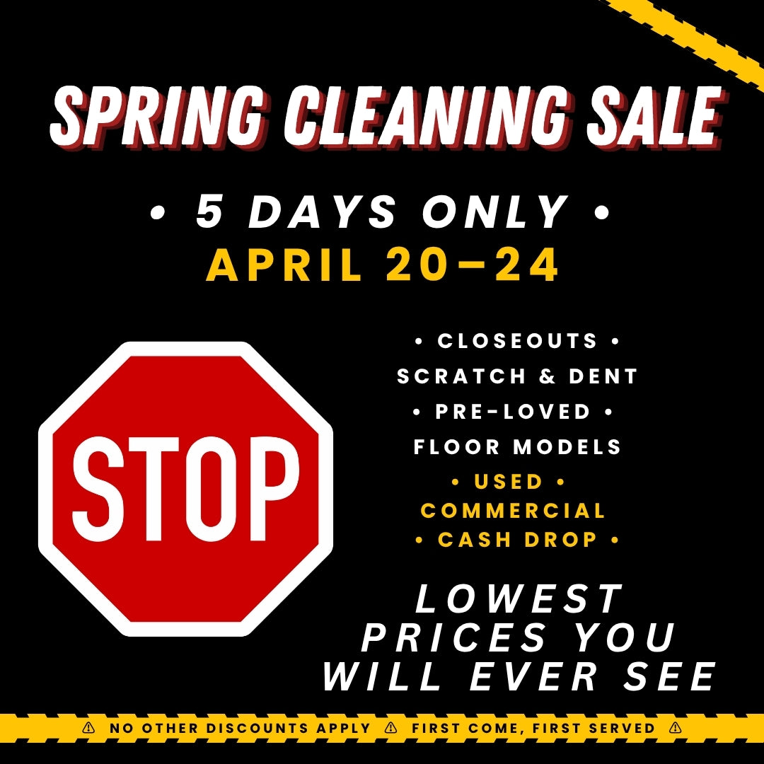 Spring Cleaning Warehouse Sale graphic showing 5-day event April 20–24 with discounted safes including closeouts, pre-owned, and commercial models