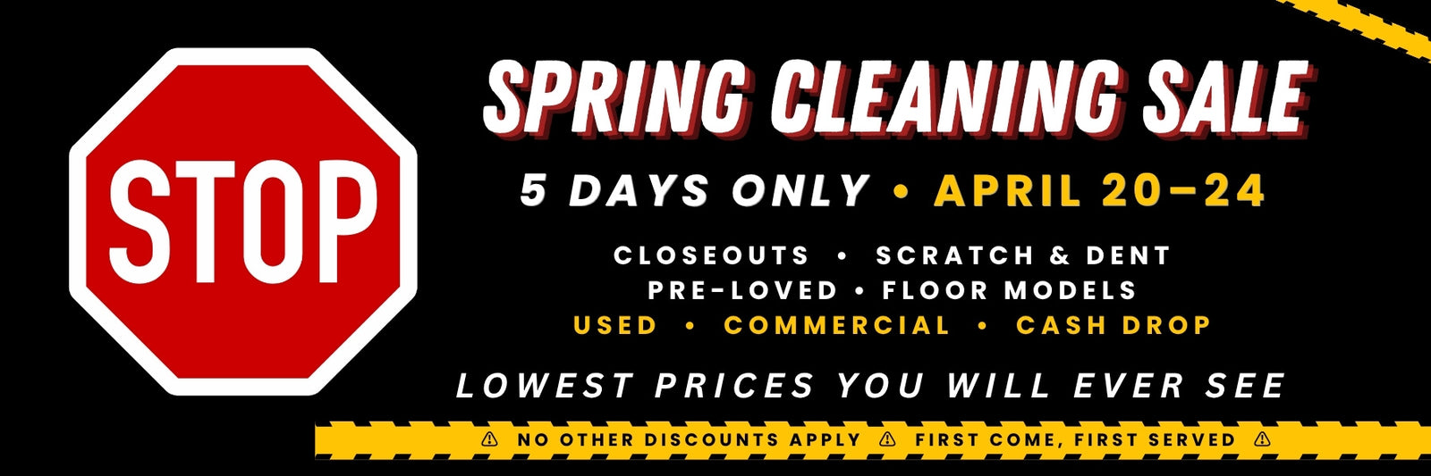 Spring Cleaning Safe Sale banner with dates April 20–24 featuring closeouts, scratch and dent, used, and floor model safes at lowest prices