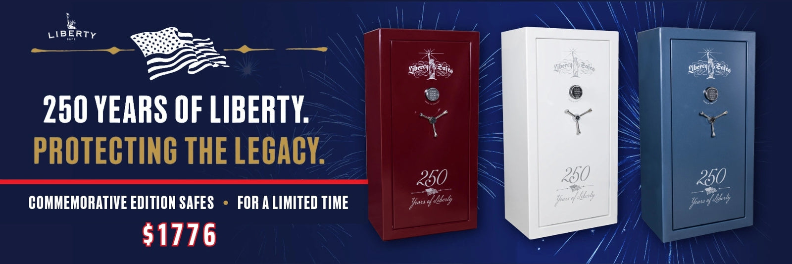 Liberty Safe 250th Commemorative Collection featuring limited-edition USA 30 patriotic gun safes on sale for $1,776 in Burgundy Marble, Reflective White, and Textured Blue
