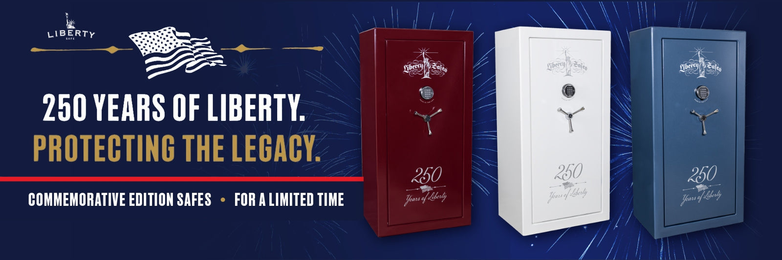 Liberty Safe 250th Commemorative Collection featuring limited-edition USA 30 patriotic gun safes in Burgundy Marble, Icy White, and Textured Blue