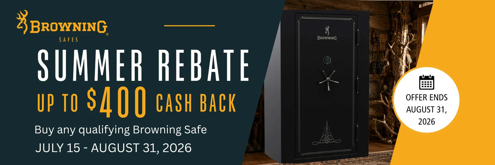Browning Safes Summer Rebate – Get up to $400 cash back on qualifying Browning safes through August 31, 2026.