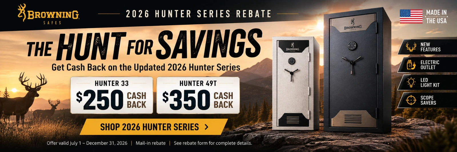 Browning Hunter Series Rebate banner promoting up to $350 cash back on qualifying Hunter 33 and Hunter 49T safes through December 31, 2026.
