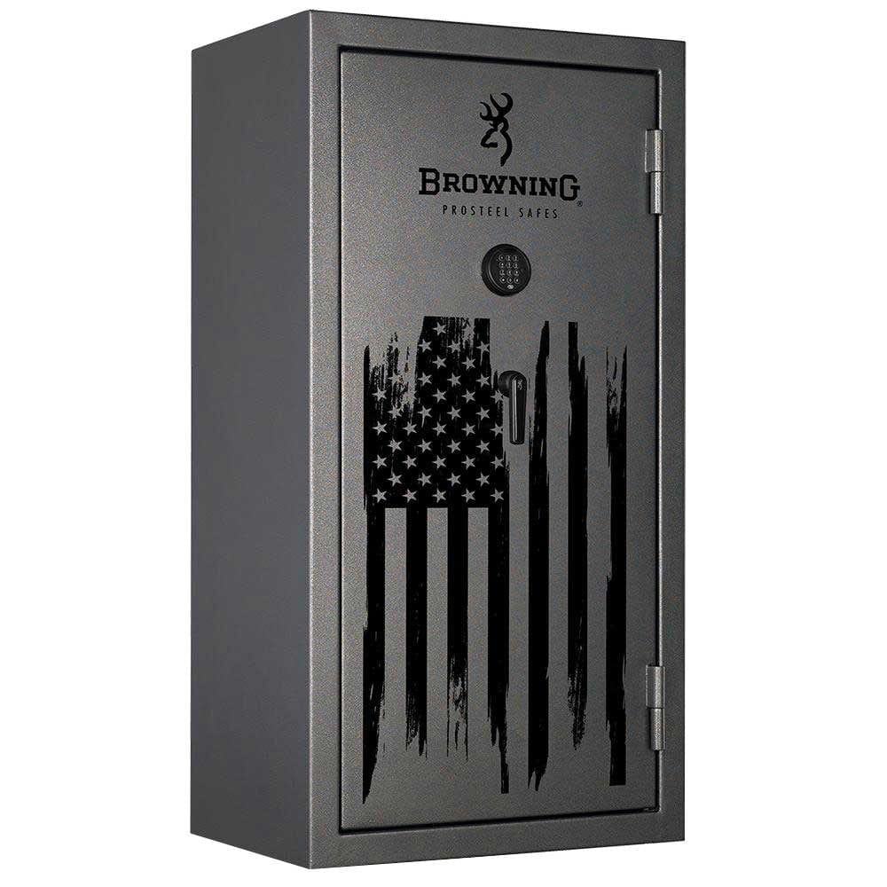 Browning BF23E Primal 23 gun safe Hammer Gray with distressed American flag graphic exterior and electronic lock