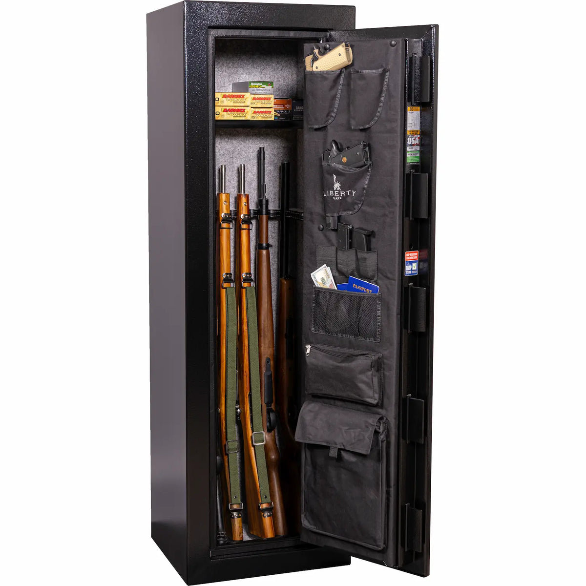 Liberty Safe Centurion 12 interior storing long guns, ammunition, and accessories with door panel organizer