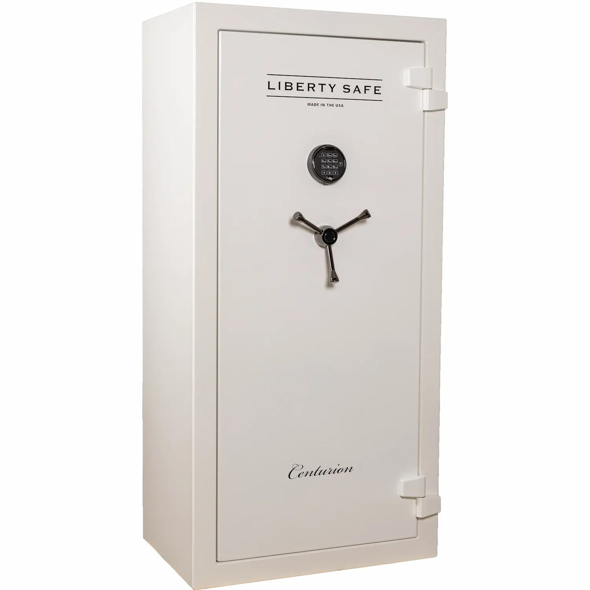 Liberty Safe Centurion 24 in Textured White with Black Chrome hardware and matching three-spoke handle exterior