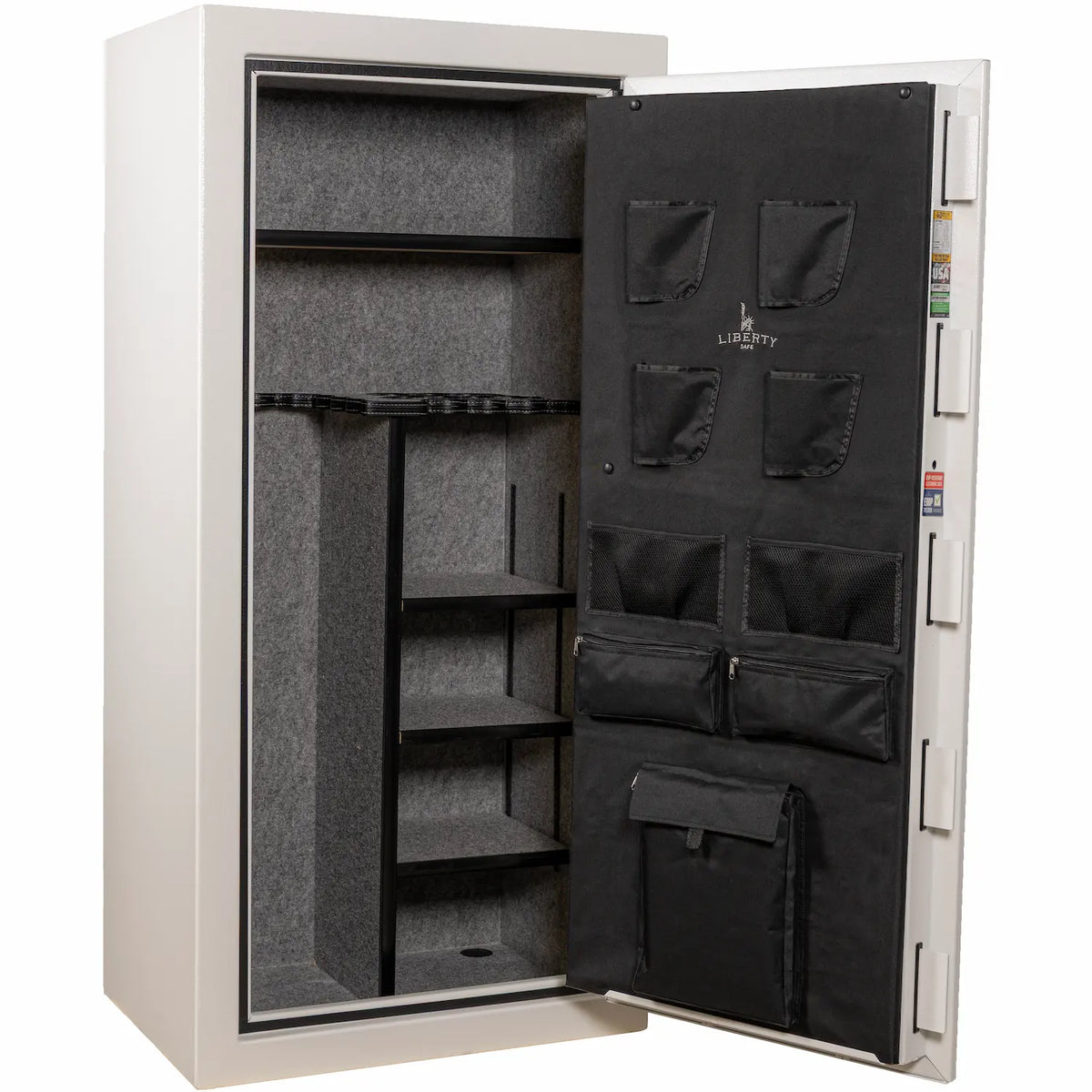 Liberty Safe Centurion 24 in Textured White with Black Chrome hardware and matching three-spoke handle interior