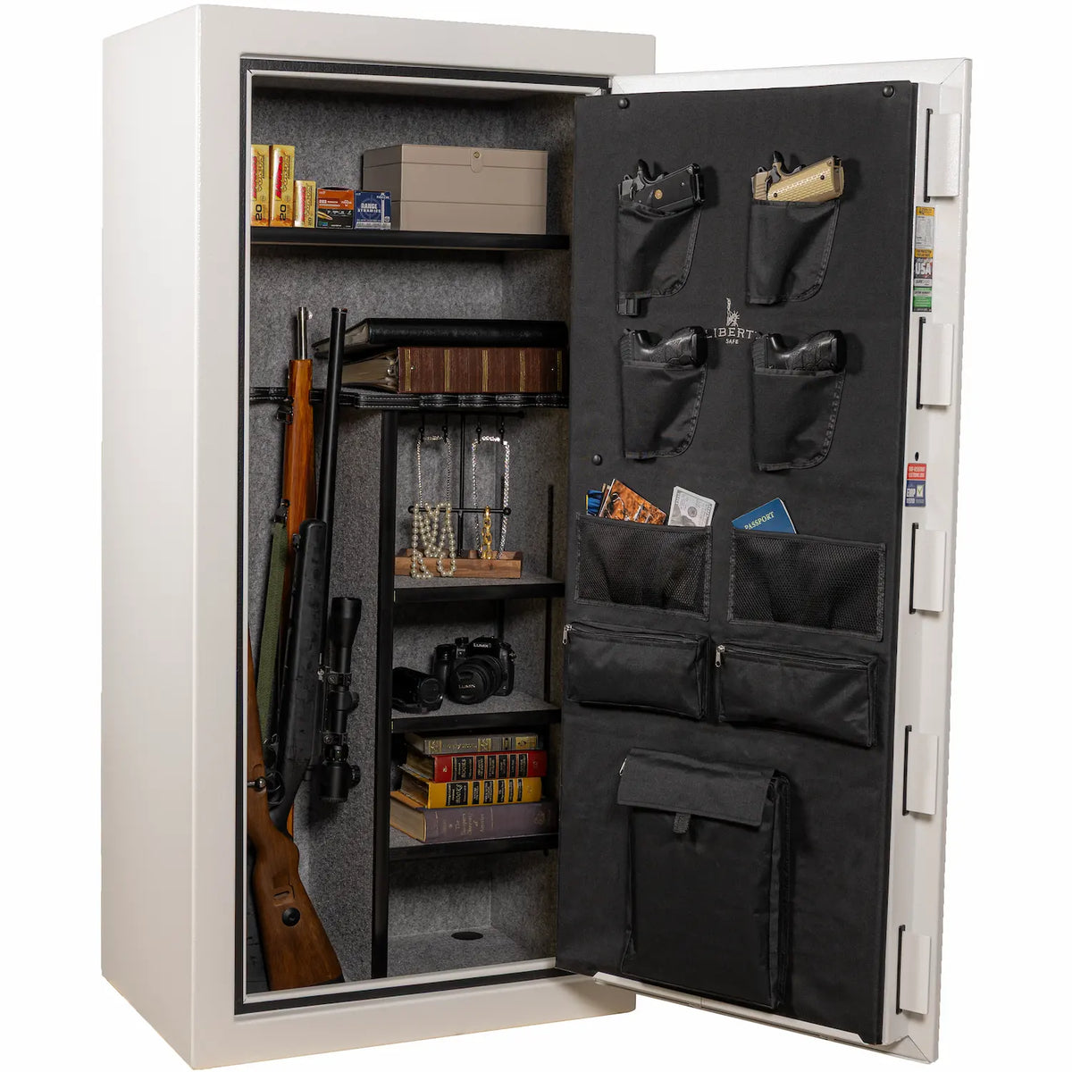 Liberty Safe Centurion 24 in Textured White with Black Chrome hardware and matching three-spoke handle interior loaded
