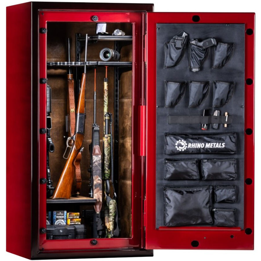 Rhino RX6030GL in Crimson Gloss, door open 1800 degrees, long guns.