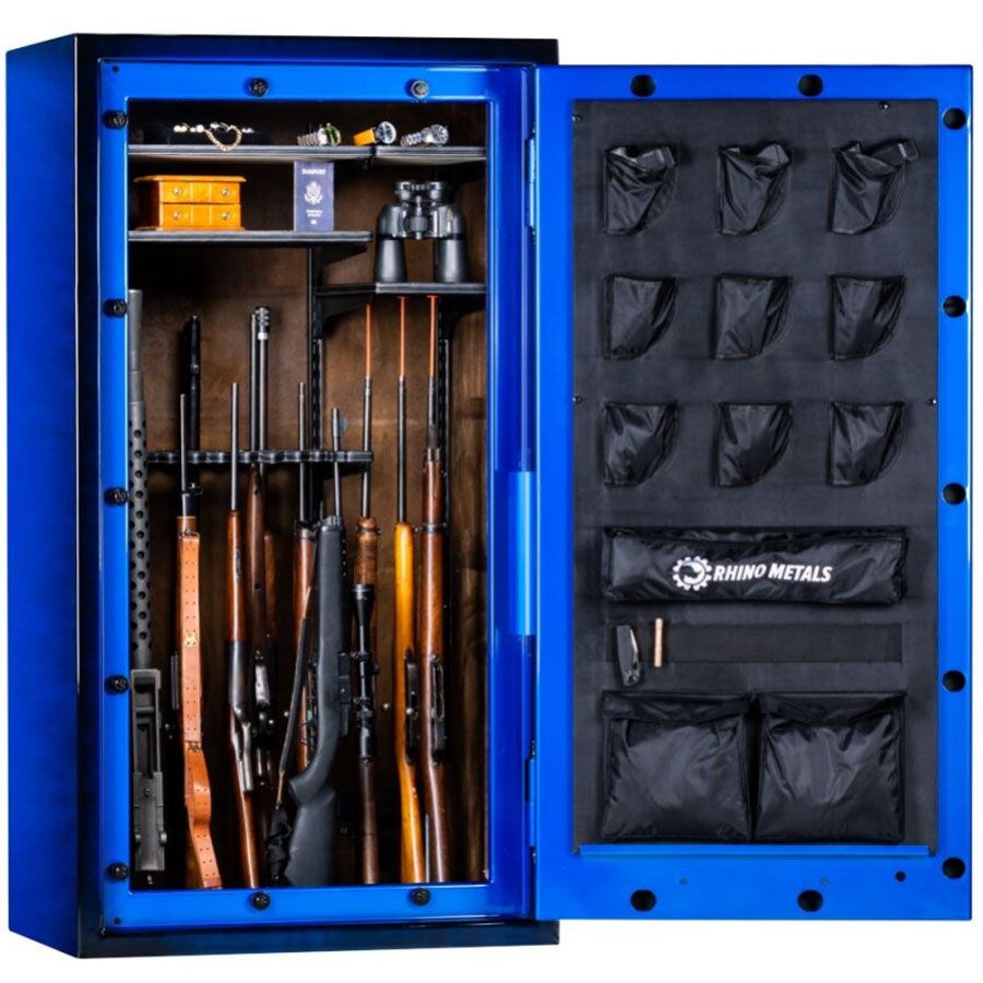 Rhino RX6636GL in Blue Gloss, door open 180 degrees, long guns.