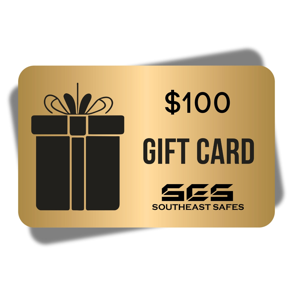 Southeast Safes $100 digital gift card displayed with a gold design, representing an easy gift option redeemable toward any safe or accessory.