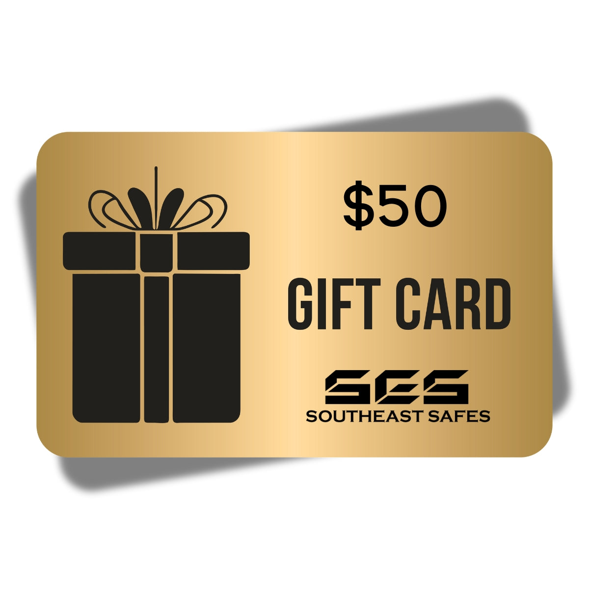 $50 Digital gift card with a gold design and brand logo on a neutral background, available in multiple denominations.
