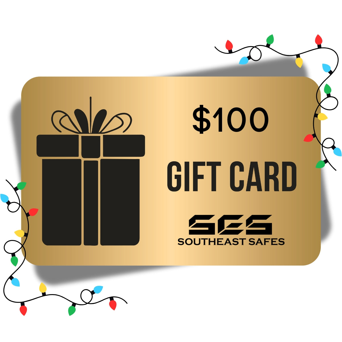 Southeast Safes $100 digital gift card with lights displayed with a gold design, representing an easy gift option.