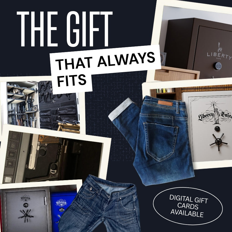 Gift card promotion banner featuring Liberty gun safes, firearms accessories, and jeans with text ‘The Gift That Always Fits’ and digital gift cards available.