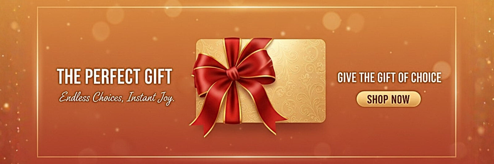 Digital gift card with a red bow on a gold card against a warm gradient background, promoting the perfect gift and the gift of choice.