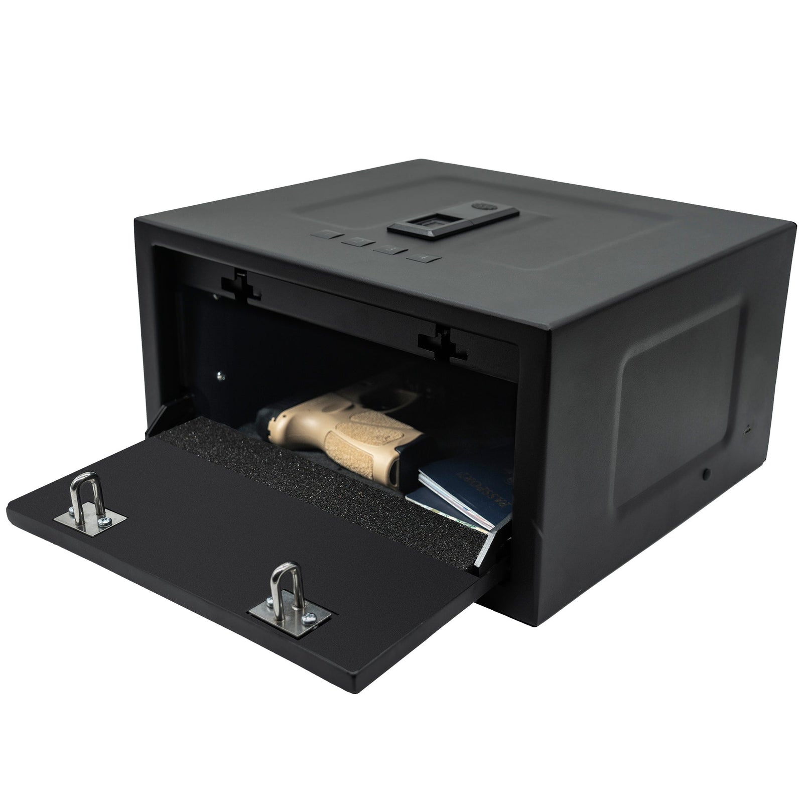 Liberty Safe HDV-250X biometric handgun vault with auto-opening top door and LED interior.