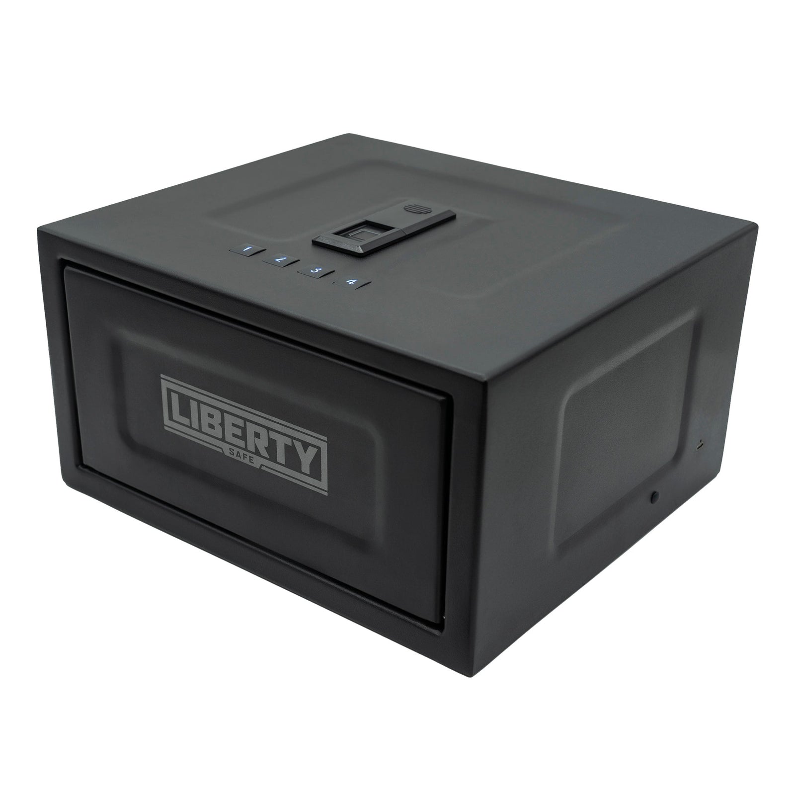 Liberty Safe HDV-250X biometric handgun vault with auto-opening top door and LED interior.