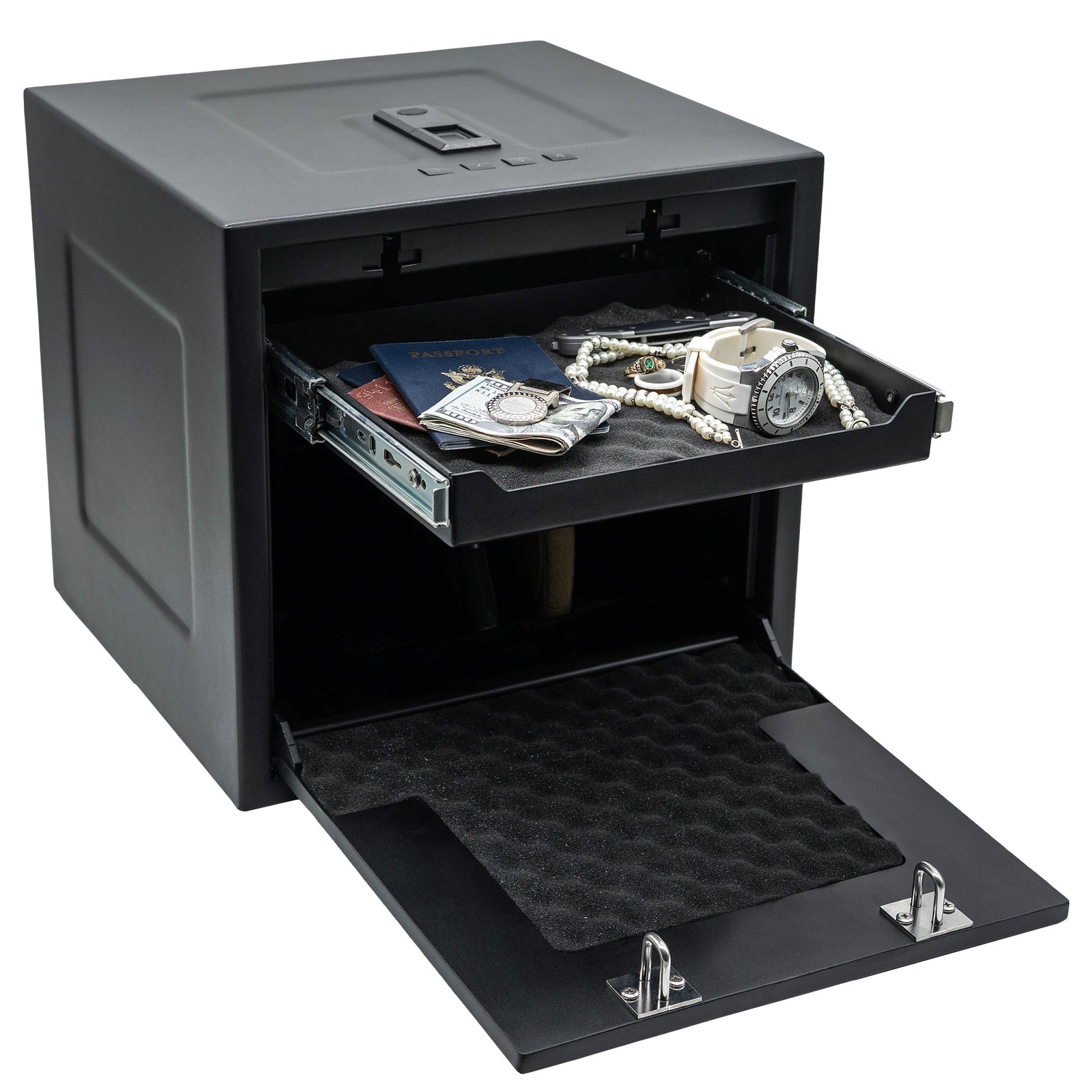 Liberty Safe HDV-350X biometric handgun vault with auto-open lid and LED interior.
