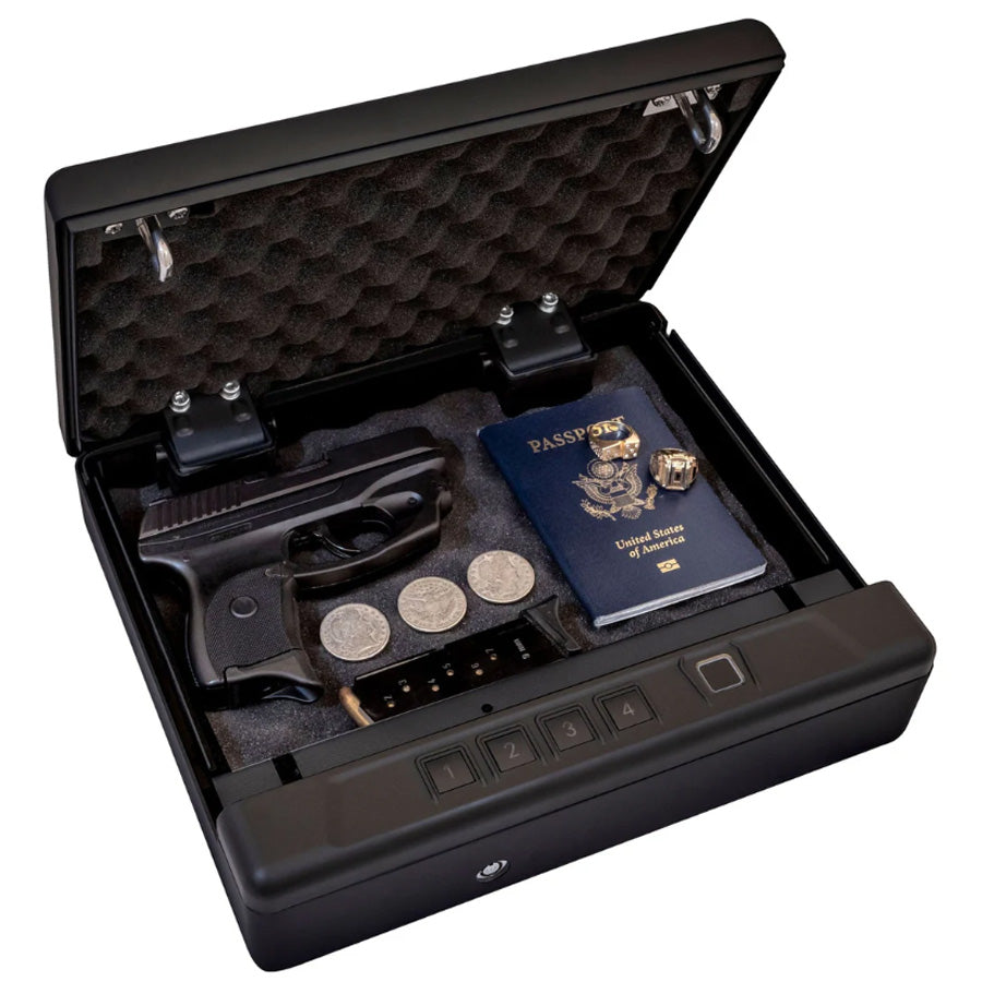 Liberty Safe&#39;s HDV-150X Biometric Handgun Vault, open.