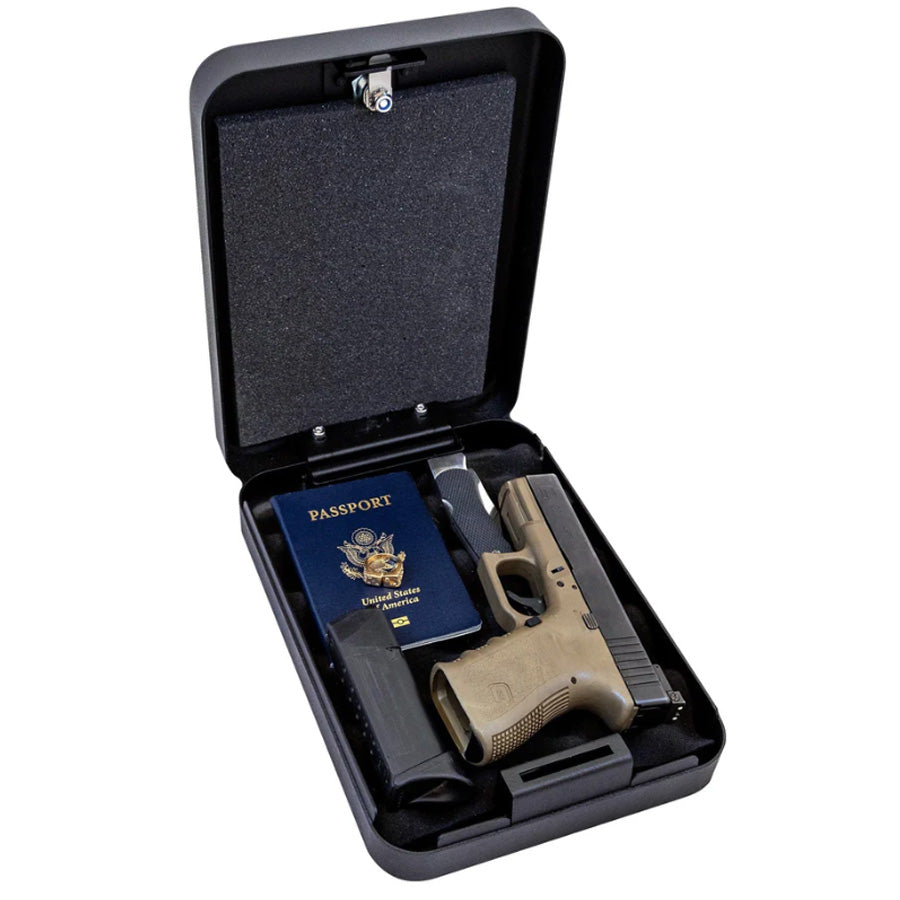 Liberty Safe HDV-50 Handgun Vault, open with handgun, passport.