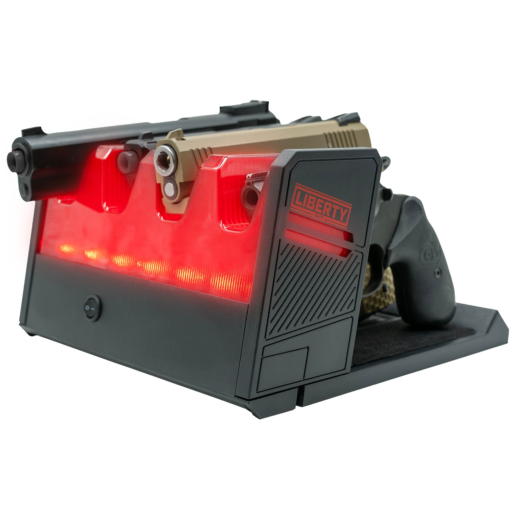 LIBERTY RED LIT LED PISTOL RACK, FRONT.