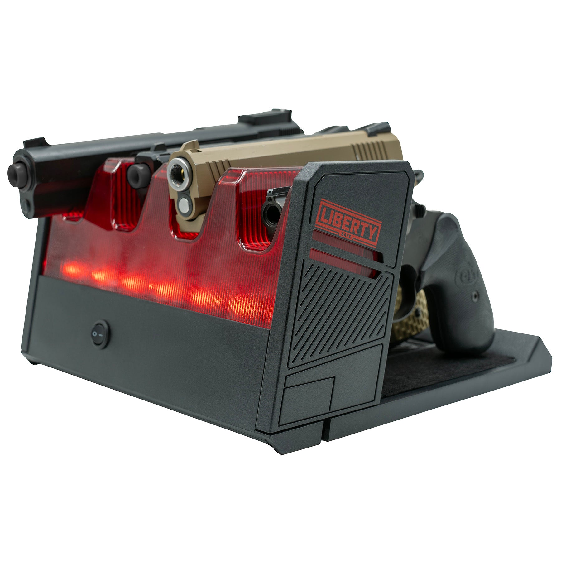 LIBERTY RED LIT LED PISTOL RACK, FRONT.