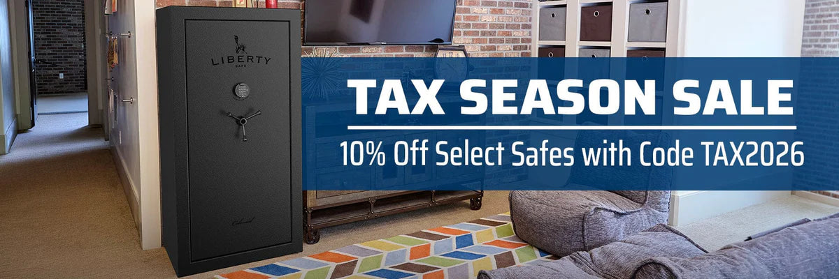 Liberty gun safe displayed in a living room during a Tax Season Sale offering 10% off select Liberty safes with code