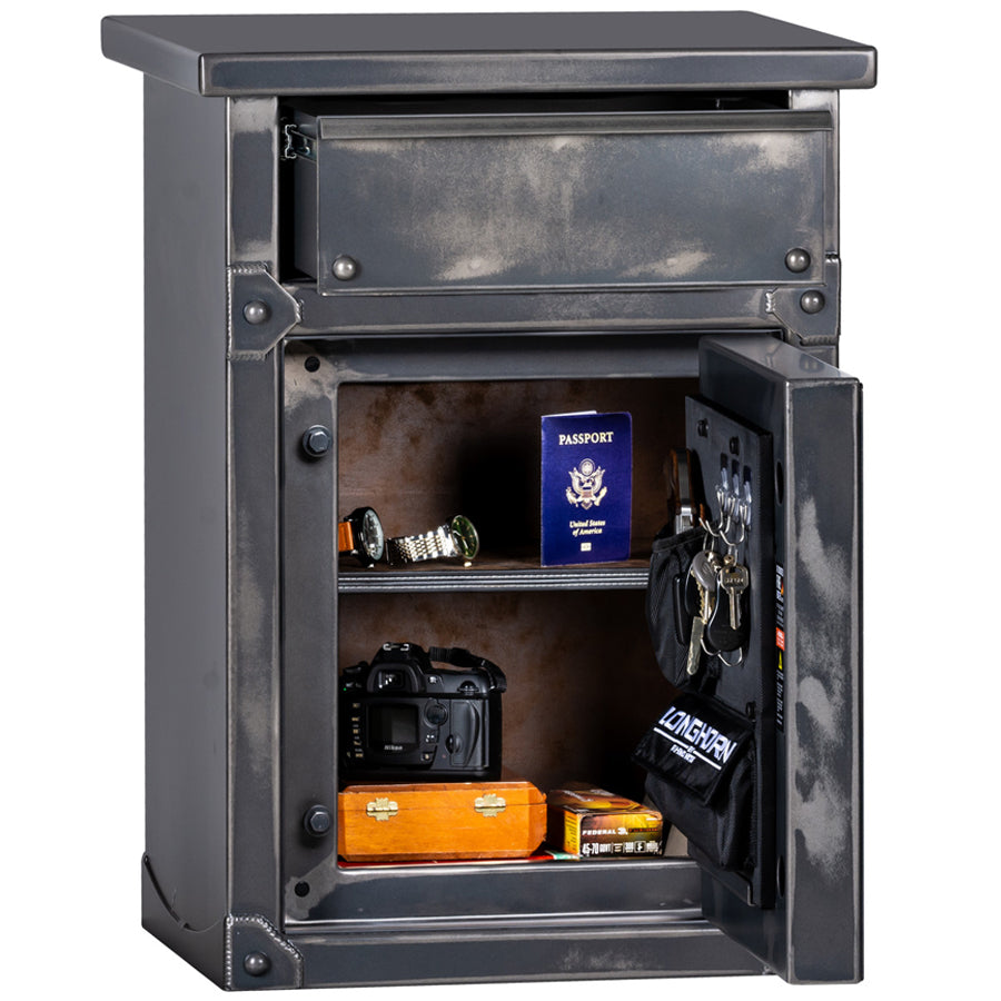 Rhino Metals Longhorn LNX2620 Nightstand-End Table Home Safe exterior. Fully Upholstered, Unique Antiqued Finish.