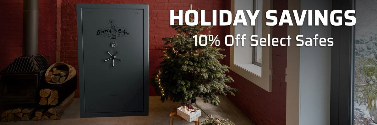 Holiday savings promotion featuring a Liberty Safe next to a Christmas tree, advertising 10% off select safes